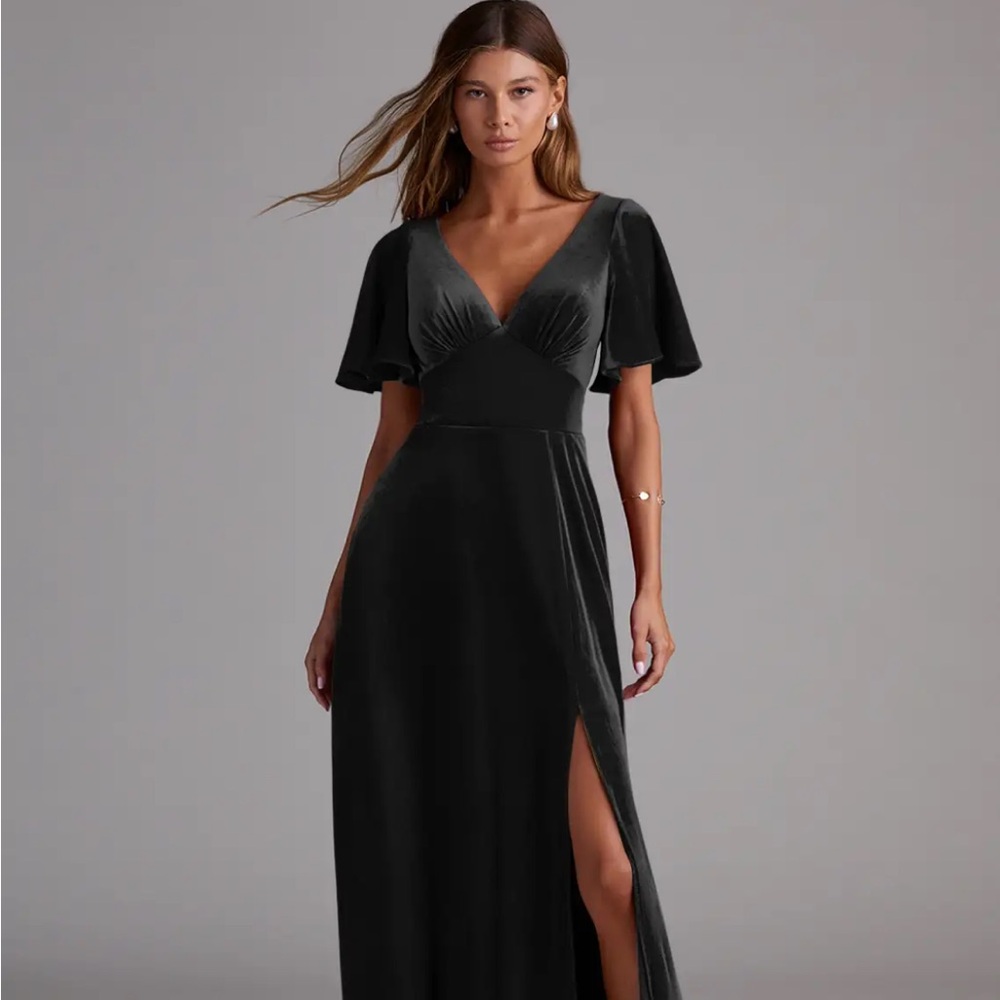 Azazie Kimber Black A-Line with Pockets Velvet Dress